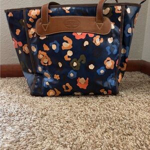 Fossil Floral Blue and Tan Tote Bag